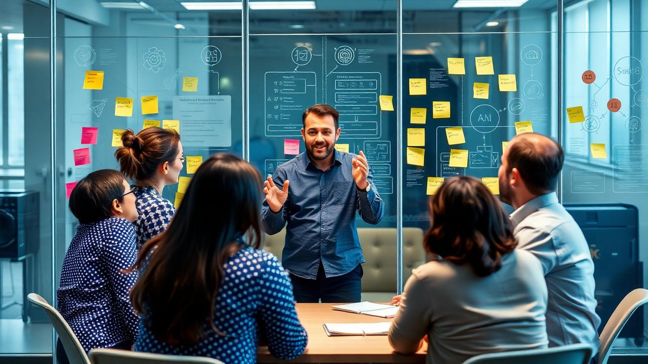 Adaptive leader coaching a cross-functional team using AI workflow diagrams during an AltaFuturis Applied AI MasterClass