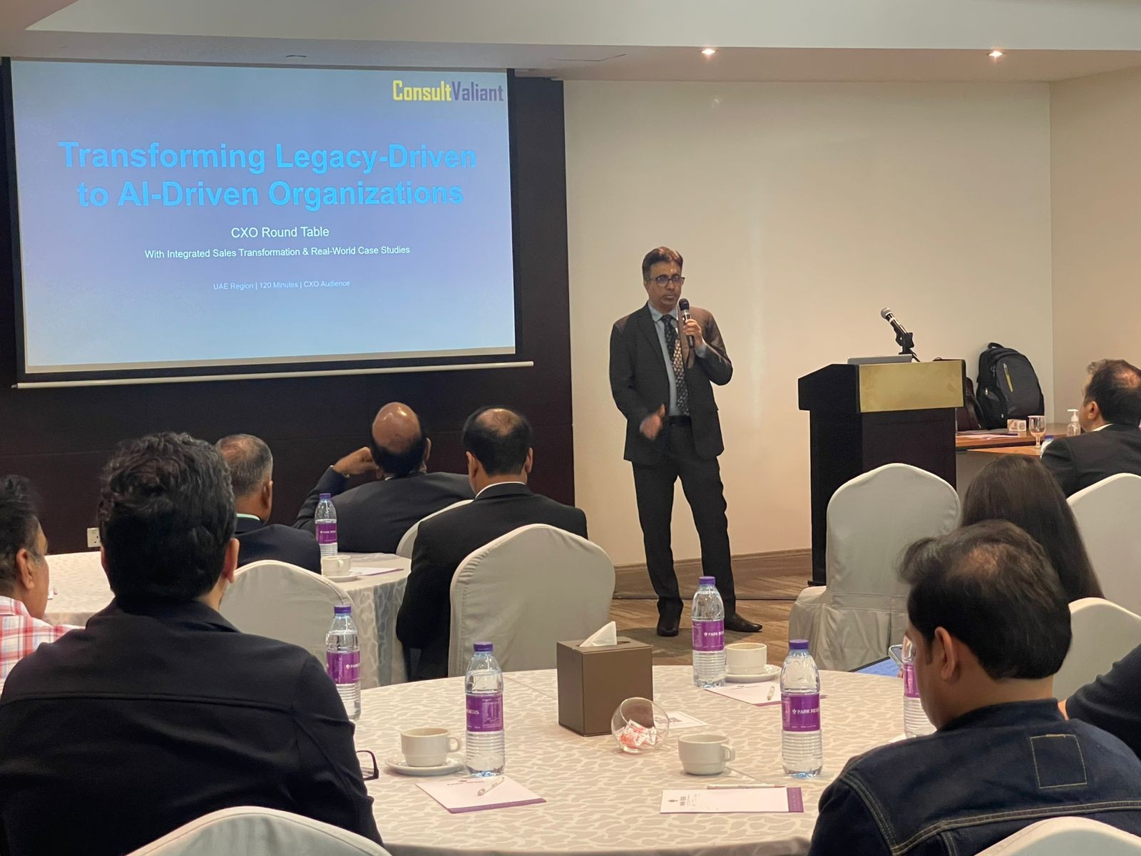 Ganesh Shevade, CEO AltaFuturis, delivering the CXO Round Table keynote on Transforming Legacy-Driven to AI-Driven Organizations at Park Regis Kris Kin Hotel, Dubai, UAE on 29 January 2026