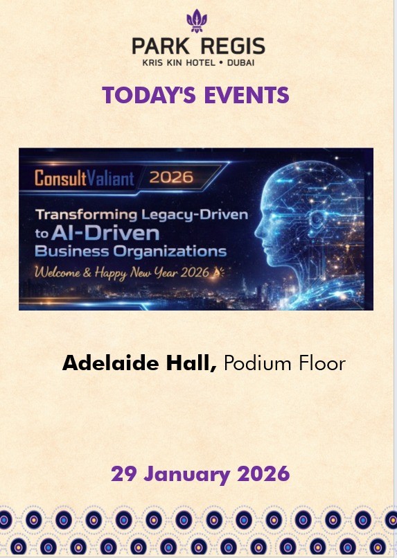 Event signage for AltaFuturis ConsultValiant Round Table on Transforming Legacy-Driven to AI-Driven Business Organizations at Adelaide Hall, Park Regis Kris Kin Hotel, Dubai on 29 January 2026