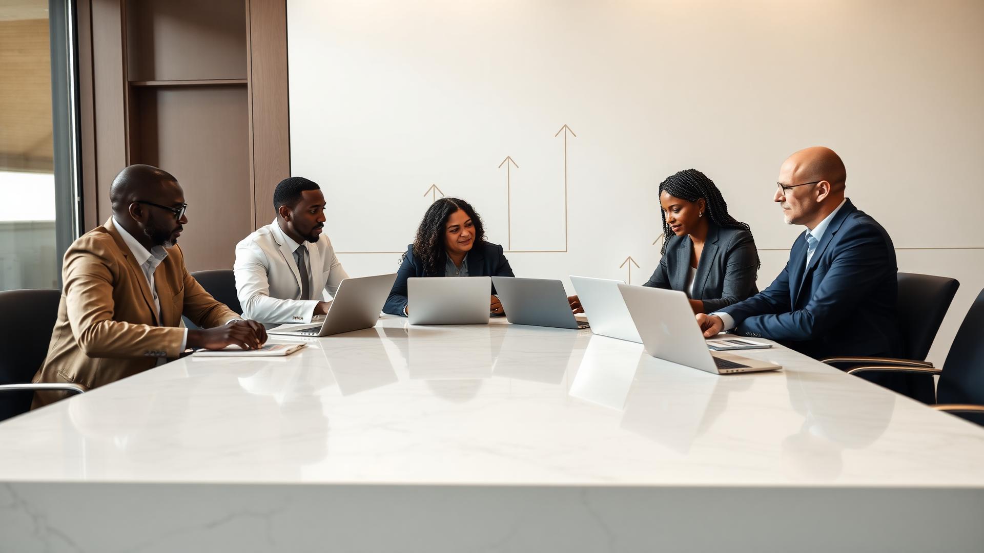 Diverse African and Middle Eastern executives collaborating on an enterprise AI transformation roadmap