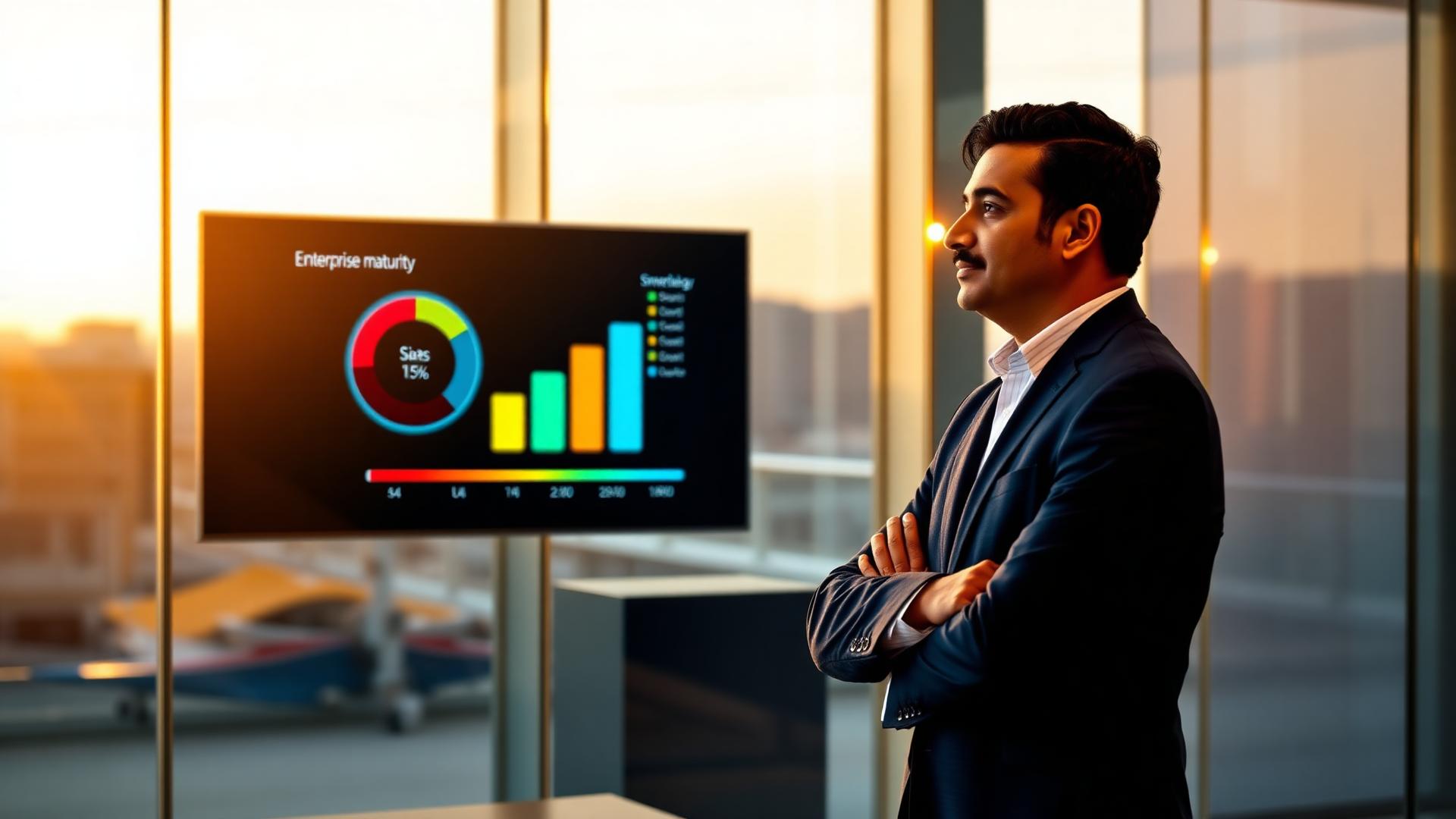 Enterprise CEO in a Dubai boardroom reviewing an AI readiness dashboard with four maturity tiers from AI Bystander to Agentic Enterprise