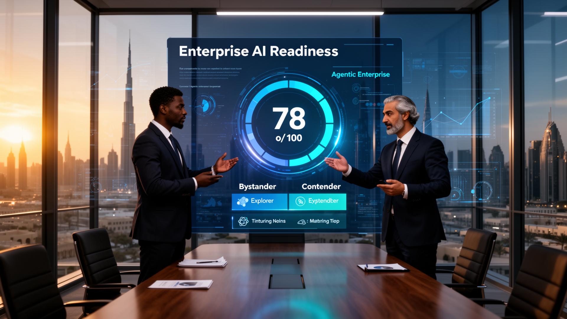 Two enterprise CEOs from the UAE and Nigeria reviewing an AI readiness dashboard scoring 78 out of 100 across Bystander, Explorer, Contender and Agentic Enterprise tiers